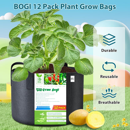 BOGI Grow Bags 12 Pack 5 Gallon Grow Bags Heavy Duty Thickened Nonwoven Grow Bag with Durable Habdles Fabric Pot for Vegetable Flower Potato Garlic Indoor Outdoor Plants + 12 Waterproof Plant Labels