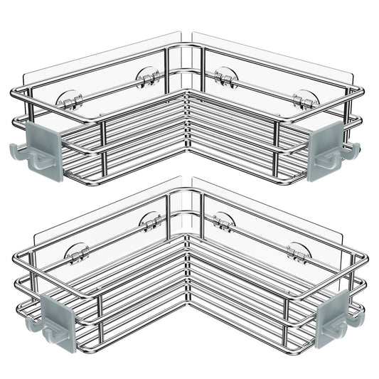 Nieifi Adhesive Corner Shower Caddy Shelf Basket Rack with Hooks, Rust Proof Stainless Steel Bathroom Shelf Shampoo Holder No Drilling 2 Pack（Sliver）
