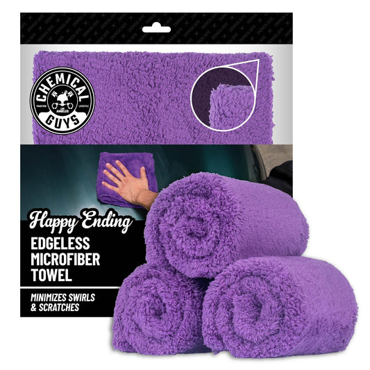 Chemical Guys Happy Ending Ultra Plush Edgeless Microfiber Towel, Purple, 16" x 16" (Pack of 3)
