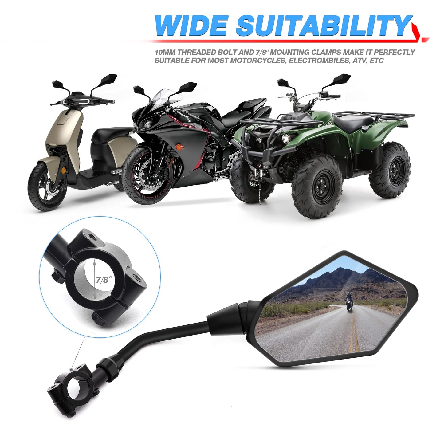 MICTUNING Mirror for Motorbike,Universal Side Mirror with 10mm Bolt 7/8 inches Handlebar Clamp Mirror,High Definition,Blast-resistant Handlebar Wing Foldable Mirrors, End Side Mirror (2 Pack)