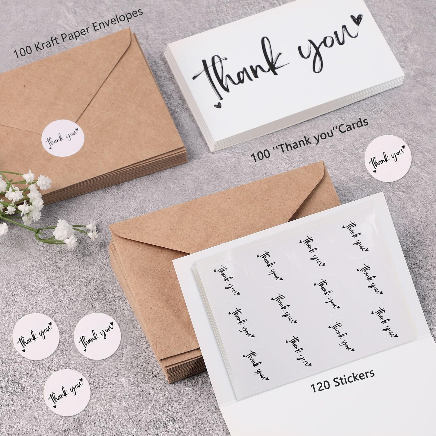 Wyltora 100 Thank You Cards, 4 x 6 inches, with Envelopes and Stickers, Bulk Pack for Wedding, Baby Shower, Bridal Shower, Graduation, Business, Party