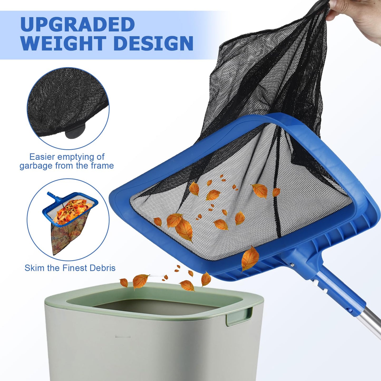 KINFAVOU Pool Skimmer Net, Fine Mesh Pool Leaf Net with Durable Deep Net, Larger Capacity Leaf Skimmer Net for Pool Cleaning, Debris Pickup Removal, Easy Scoop Edge (Without Pole)