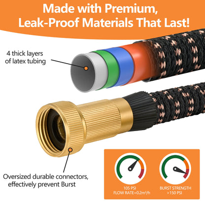 25 Foot Garden Hose – 2026 Upgarded Expandable Garden Hose w/10 Pattern Spray Nozzle, 650psi Brass 3/4” Fittings – Lightweight, Durable, Kink-Free, Retractable Water Hoses for Gardening(Black Gold)