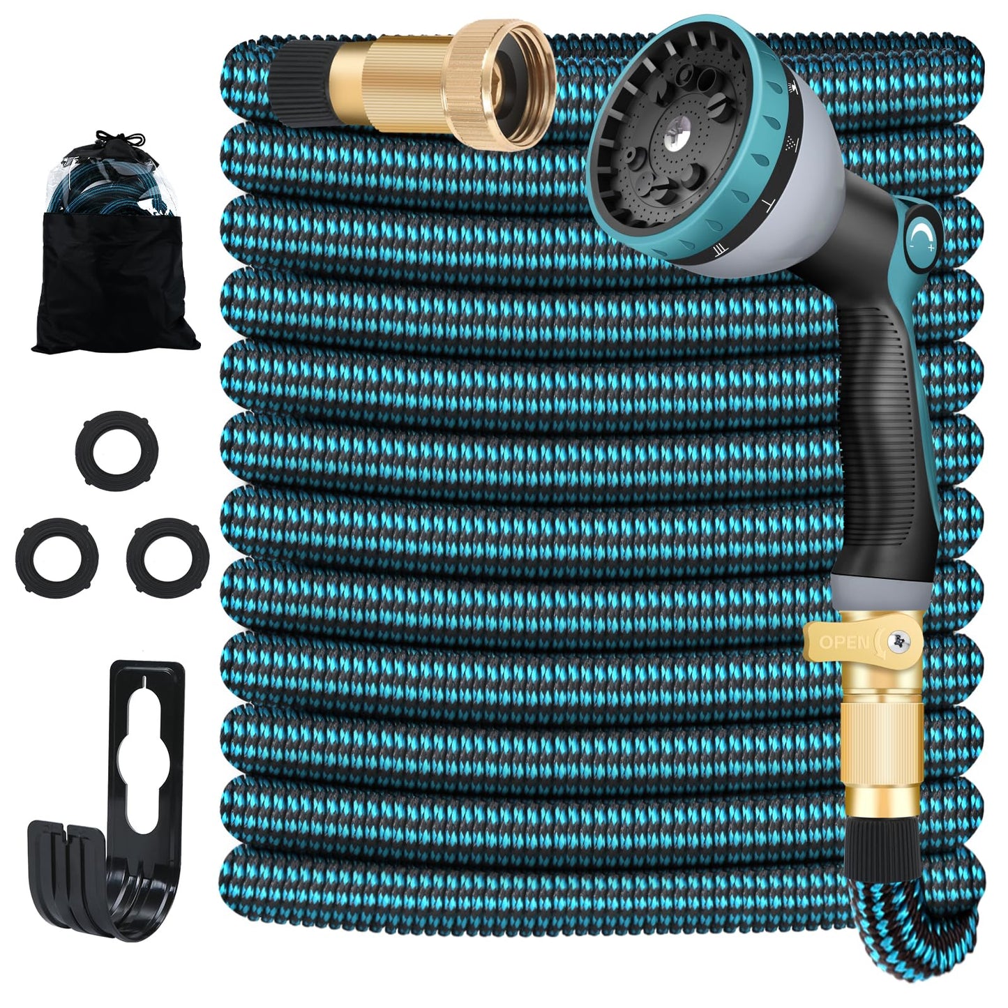 Upgarded 50FT Expandable Garden Hose with 10 Pattern Spray Nozzle Solid Fitting – Lightweight Kink-Free Retractable Water Hoses for Gardening - Blue
