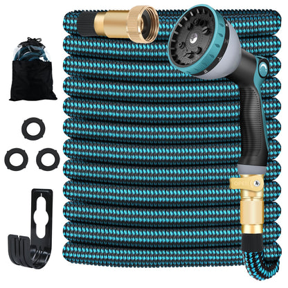 Upgarded 50FT Expandable Garden Hose with 10 Pattern Spray Nozzle Solid Fitting – Lightweight Kink-Free Retractable Water Hoses for Gardening - Blue