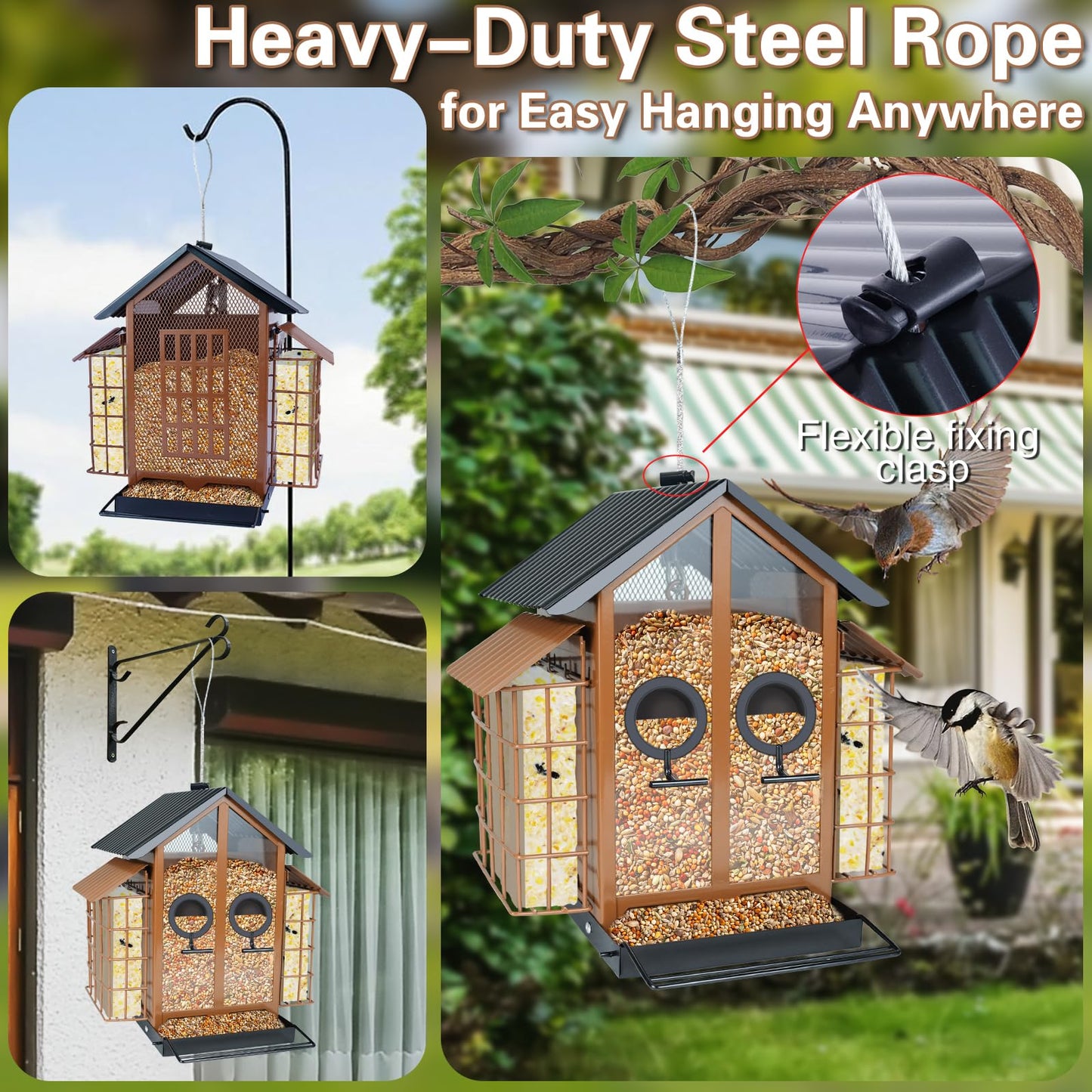 TayePin Bird Feeders for Outdoors Hanging, Metal Wild Bird Feeders with Double Suet Cage, 4LBS Large Capacity for Outside Garden Waterproof, ldeal Gifts for Birds Watching Finch Cardinal, Brown