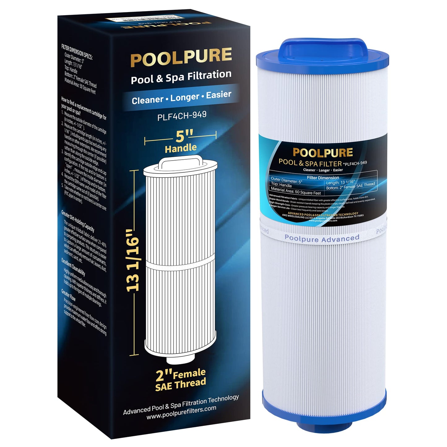 POOLPURE 4CH-949 Spa Filter Replaces Pleatco PWW50L, fil50-5d13h15fct-3, Filbur FC-0172, SD-01143, 817-4050, Rising Dragon 50, Waterway Teleweir 50 sqft Filter Cartridge (1 Pack)