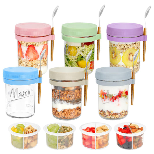 Xyptorix 6 Pack Overnight Oats Containers with Lids and Spoons, 16 oz Mason Jars with Removable Separate Compartments, Airtight and Leak-Proof Glass Jars for Chia Pudding, Yogurt, and Oatmeal