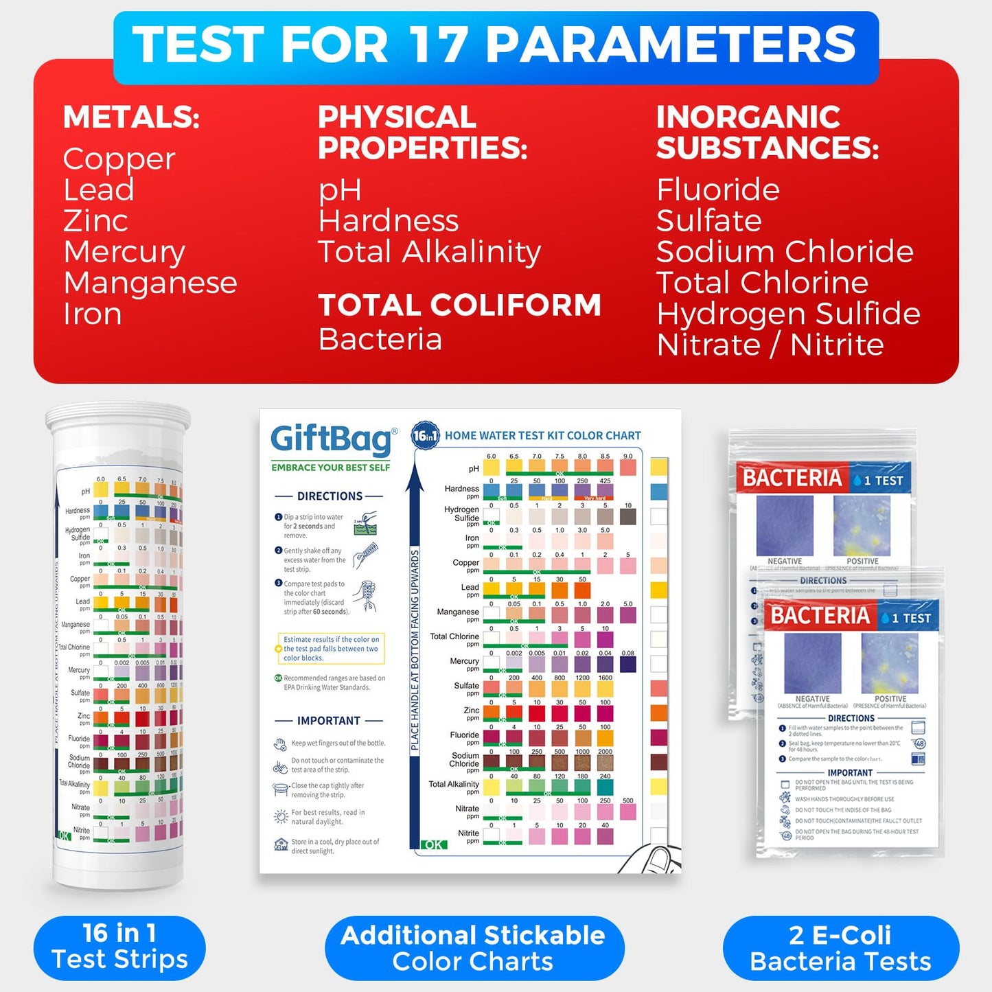 17 in 1 Complete Drinking Water Testing Kit - 50 Strips + 2 Bacteria Tests - Tap and Well Water Test Kit, Easy to Test and Read for Hardness, Lead, Iron, Fluoride, pH, Copper, Bacteria and More
