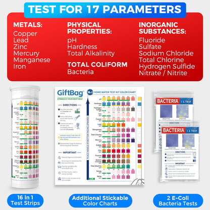 17 in 1 Complete Drinking Water Testing Kit - 50 Strips + 2 Bacteria Tests - Tap and Well Water Test Kit, Easy to Test and Read for Hardness, Lead, Iron, Fluoride, pH, Copper, Bacteria and More