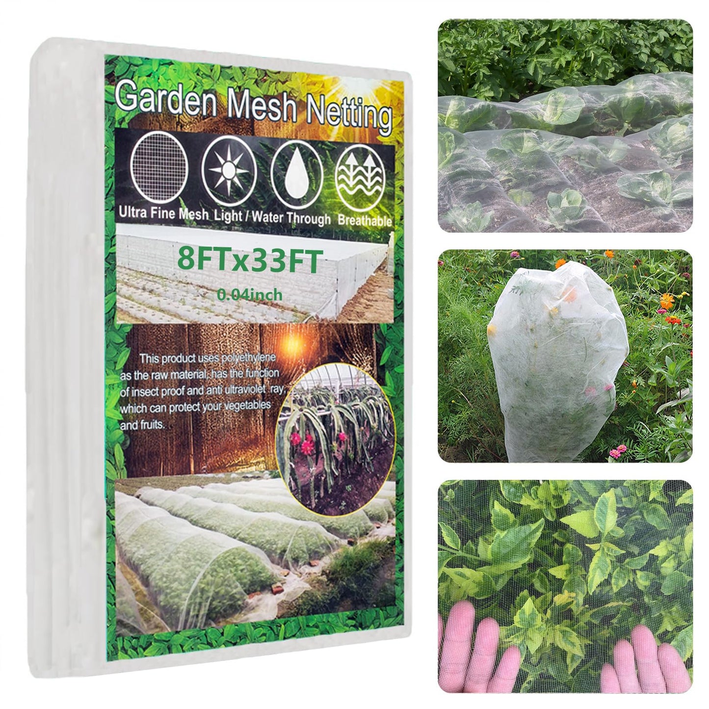 Garden Netting, 8FTx33FT Ultra Fine Mesh Protection Bird Net, Row Covers Greenhouse Plant Insect Barrier for Protect Vegetable Fruit Tree Flowers