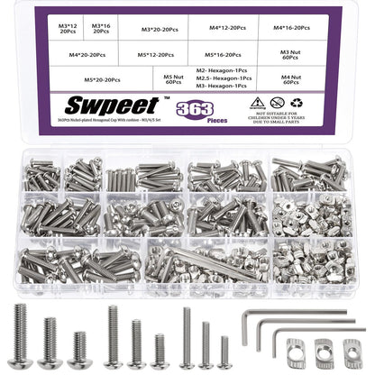 Swpeet 363Pcs M3 M4 M5 Nickel Plated T Nuts Screw with Hex Wrench Assortment Kit, T Slot Nut Hammer Head Fastener, Button Head Hex Socket Head Cap Bolts for 2020 Series Aluminum Profile Groove
