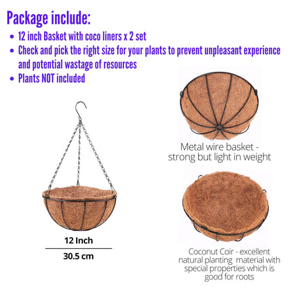 LaLaGreen Hanging Planters for Outdoor Plants (12 Inch, 2 Pack) Hanging Baskets with Coco Liner Flower Pots, Metal Wire Round Plant Holder Hanger Hook Chain Deck Porch Garden Balcony Farmhouse Decor