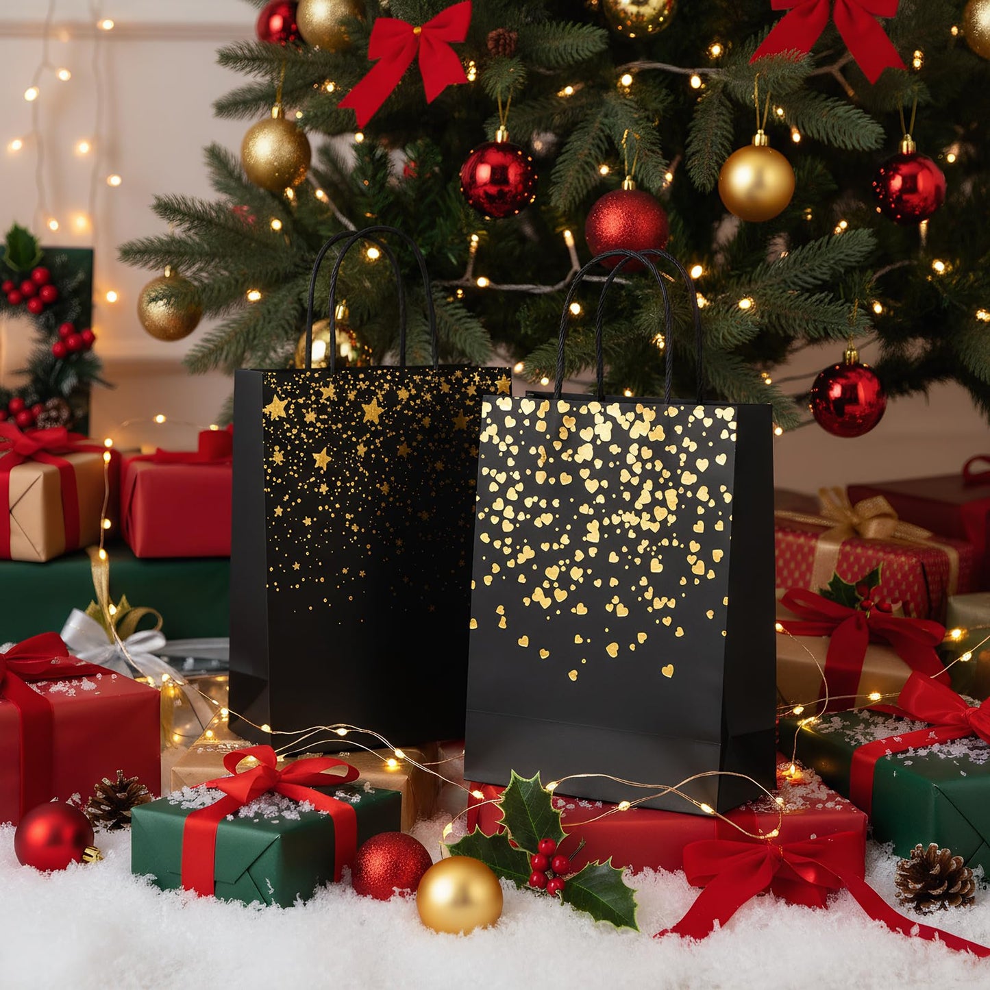 Nicunom 60 Pack Paper Gift Bags, 8.3 x 5.9 x 3.1 Inch Black Gold Gift Bags Bronzing Stars & Heart Gift Bags Bulk Kraft Party Favor Bags with Handle for Wedding Birthday Halloween Mother' Day Christmas Anniversary