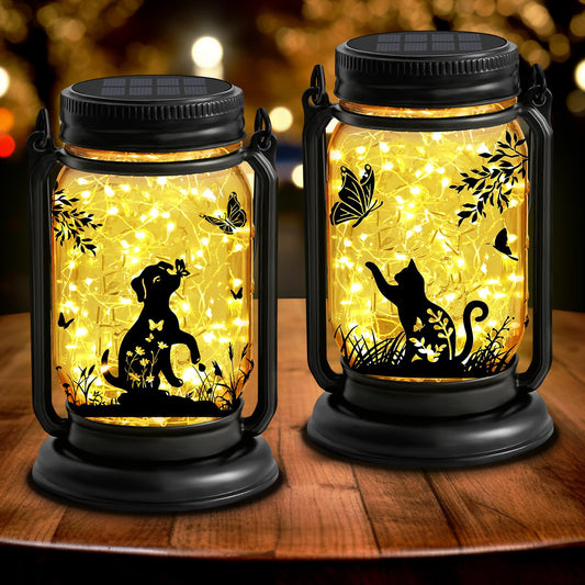 2 Pack Outdoor Hanging Solar Lantern, Cat & Dog Butterfly Theme Vintage Glass Mason Jar Solar Fairy Lights, Gifts for Mom, Grandma, Women, Waterproof Garden lights for Patio Yard Lawn Tree Party Decor