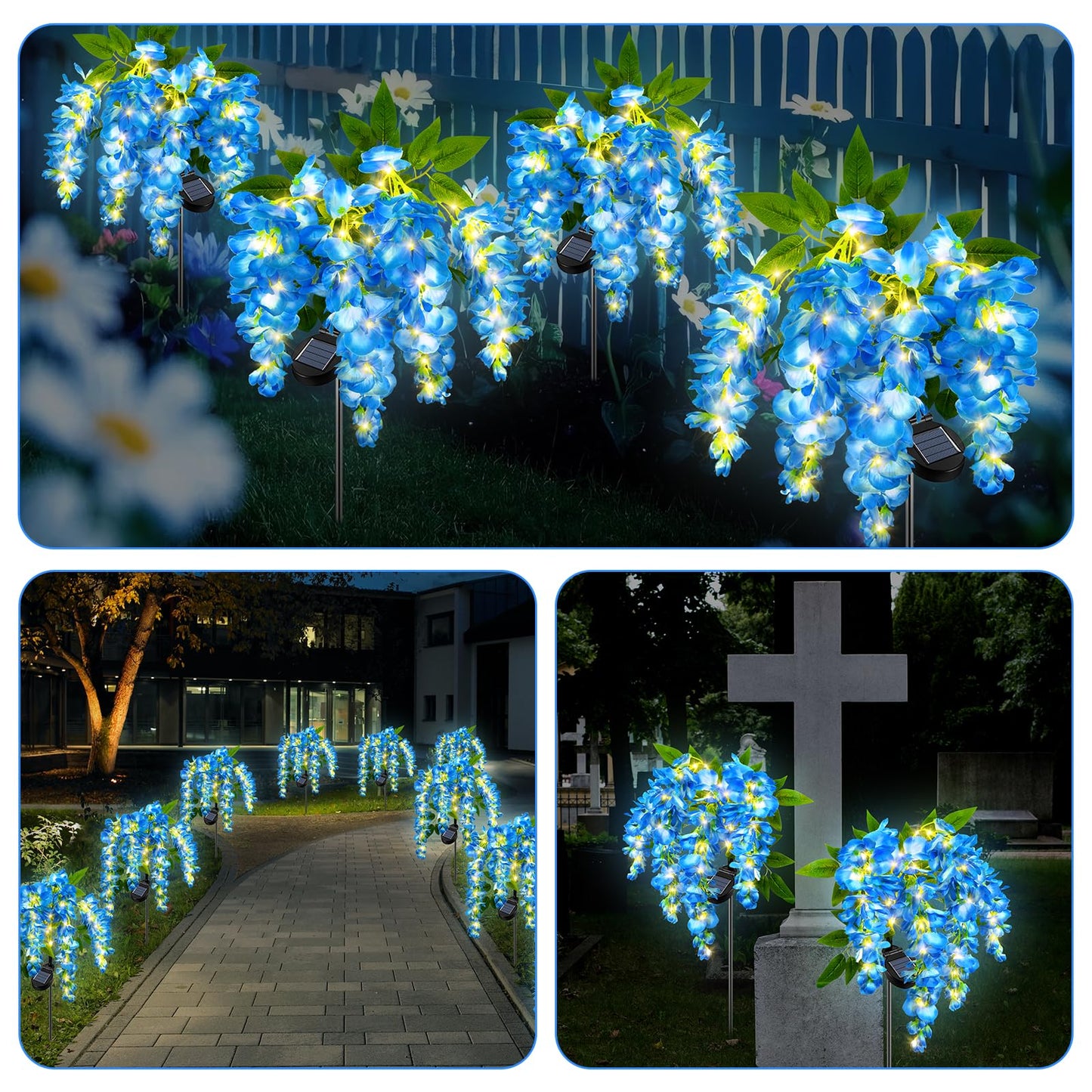 Fohil 2 Pack Solar Garden Lights, Solar Blue Wisteria Flower Lights, 2Lighting Mode Waterproof Solar Lights Outdoor Decoration for Garden Yard Pathway Grave Landscape