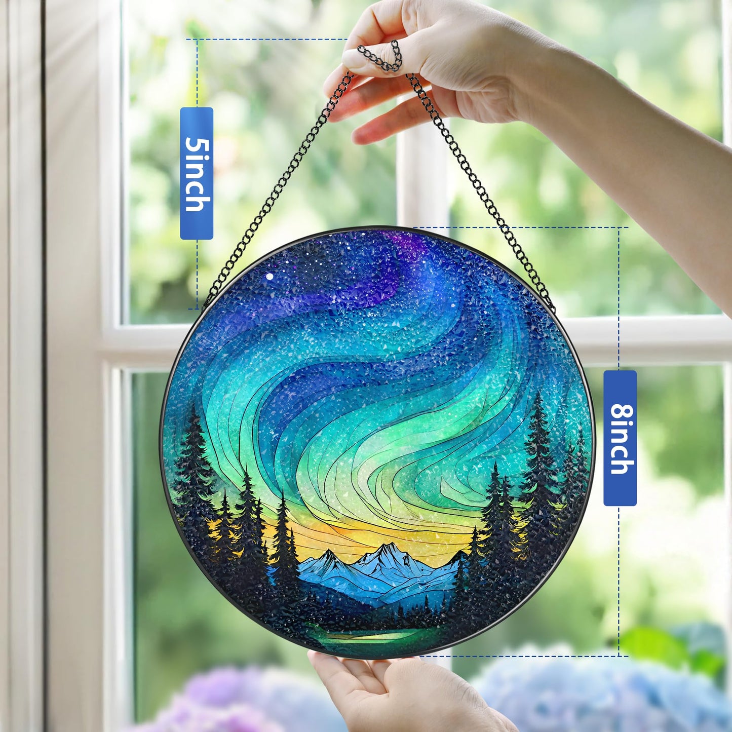Stained Glass Window Hanging - 8 Inch Northern Lights Suncatcher for Window Doors Home Decoration, Valentine's Day Mother's Day Christmas Birthday Gifts for Women, Men, and Mom Grandma
