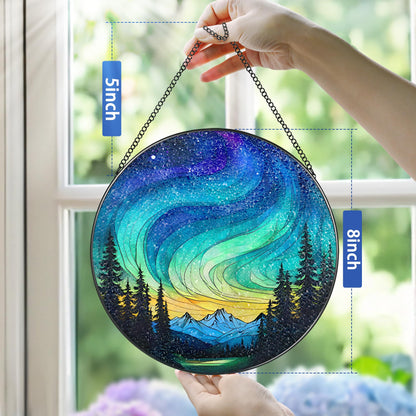 Stained Glass Window Hanging - 8 Inch Northern Lights Suncatcher for Window Doors Home Decoration, Valentine's Day Mother's Day Christmas Birthday Gifts for Women, Men, and Mom Grandma