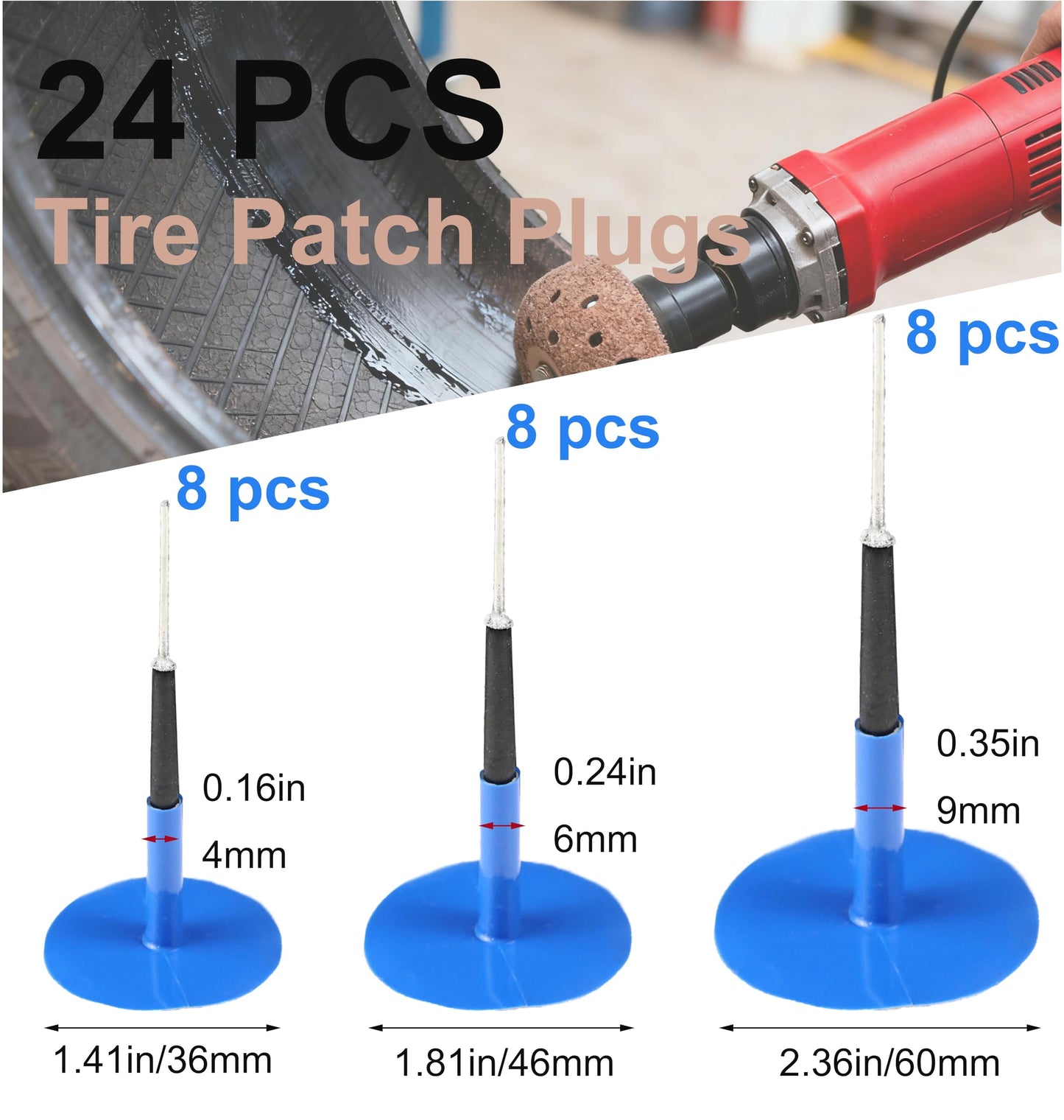 ZERINT TP-M13W Combination Repair Unit Kit, Tire Repair Patch Plug Kit 4 x 35 mm, 6 x 45 mm and 9 x 60 mm Wrapped stem 8 pcs Each