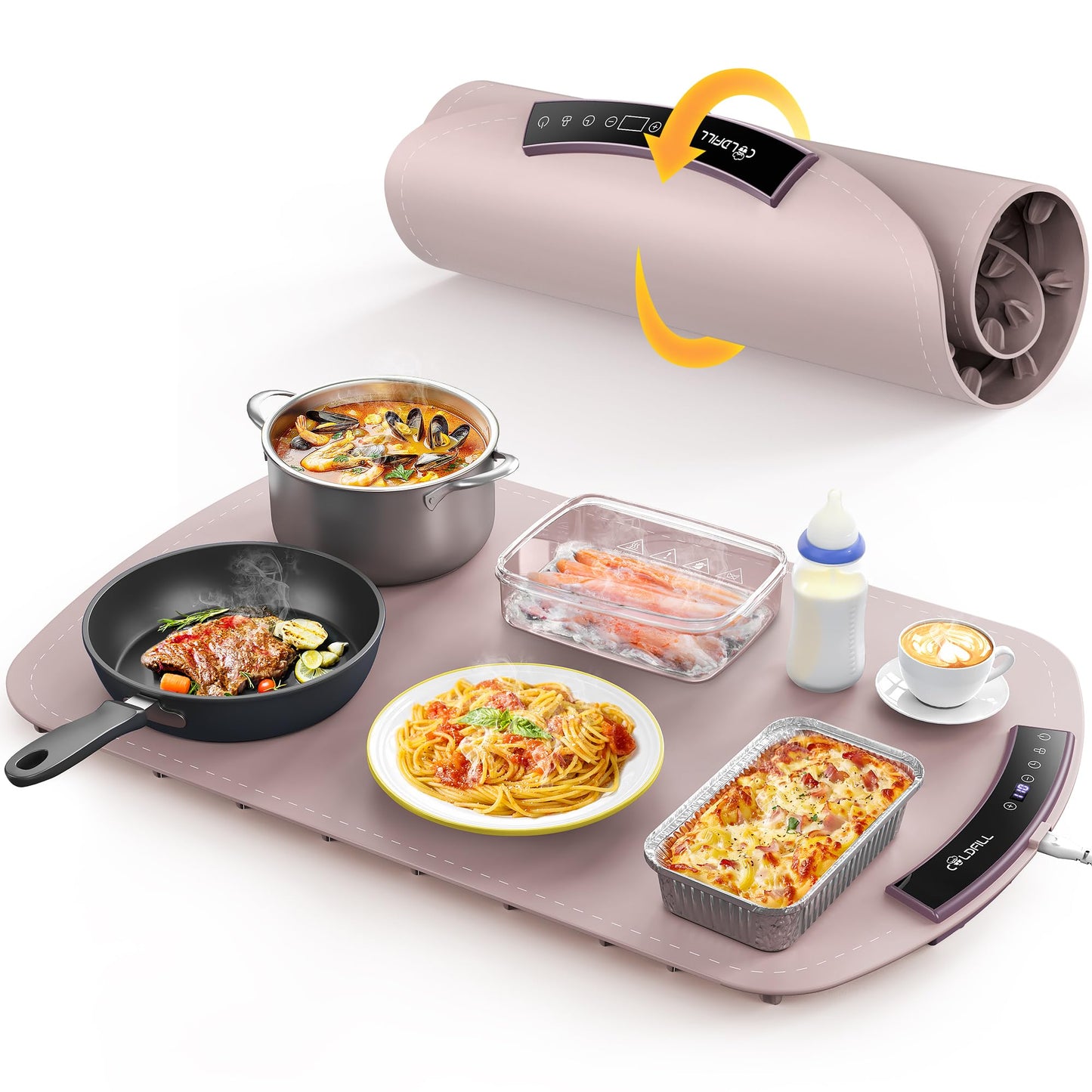 COLDFILL Electric Food Warming Mat - 5s Full Surface Heating, 8 Temperature Levels, Rollable with Child Lock for Safety, Ideal for Parties, Gatherings & Everyday Use, Pink