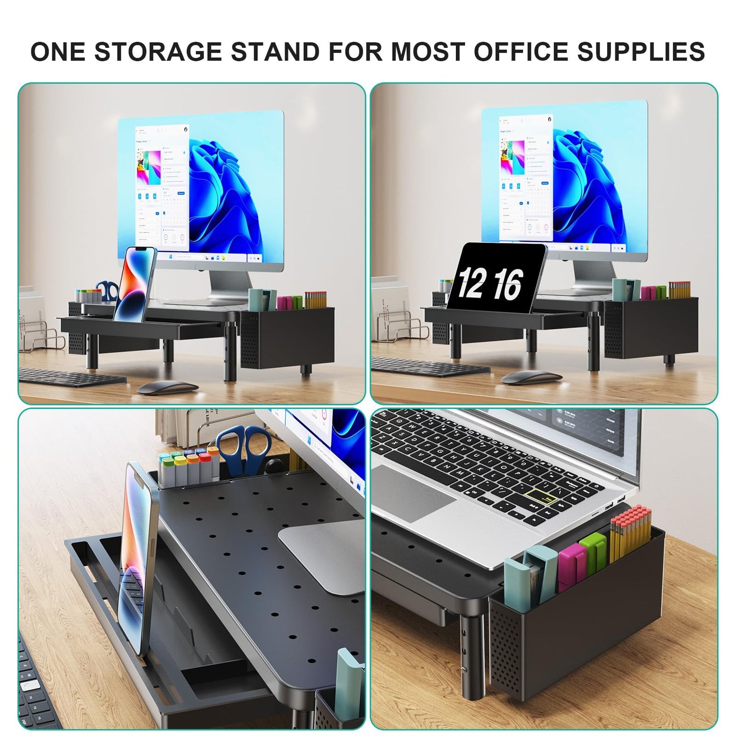 WALI Computer Monitor Stand with Storage, Monitor Riser with Drawer and Pen Holder, Laptop Riser 3 Height Adjustable, Desk Organizer for Computer, Laptop, Printer (PTT003-B), 1 Pack, Black