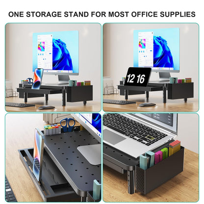 WALI Computer Monitor Stand with Storage, Monitor Riser with Drawer and Pen Holder, Laptop Riser 3 Height Adjustable, Desk Organizer for Computer, Laptop, Printer (PTT003-B), 1 Pack, Black
