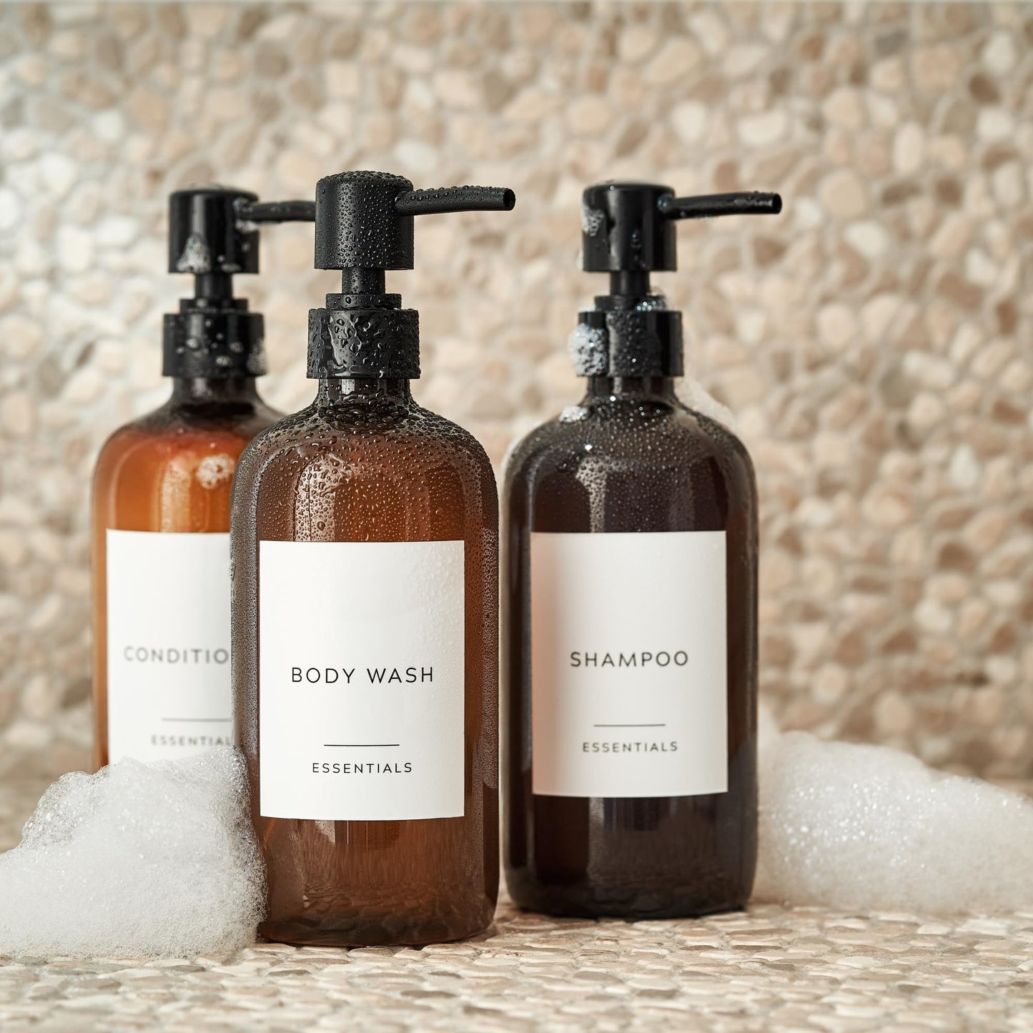 Stylish Shampoo and Conditioner Dispenser Set of 3 - Modern 21oz Shower Soap PET Bottles with Pump and Labels - Easy to Refill Body Wash Dispensers for an Instant Bathroom Decor Upgrade