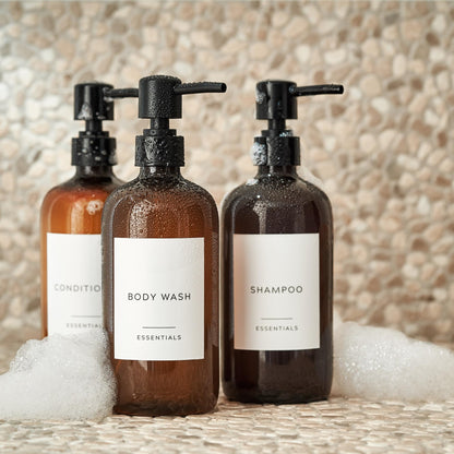 Stylish Shampoo and Conditioner Dispenser Set of 3 - Modern 21oz Shower Soap PET Bottles with Pump and Labels - Easy to Refill Body Wash Dispensers for an Instant Bathroom Decor Upgrade