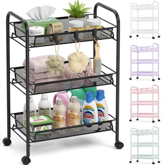TOOLF 3-Tier Metal Rolling Cart, Mesh Wire Easy Assemble Utility Cart, Storage Trolley on Wheels with 3 Hooks, MetalStorage Shelving Units for Kitchen Bathroom Laundry Room