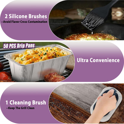 50 Pack Drip Pan Liners Kit for Blackstone Griddle 36" 30" 28" 22" 17", a Cleaning Brush, 2 Silicone Brushes, Aluminum Disposable Grease Catcher Trays for Blackstone Griddle Accessories