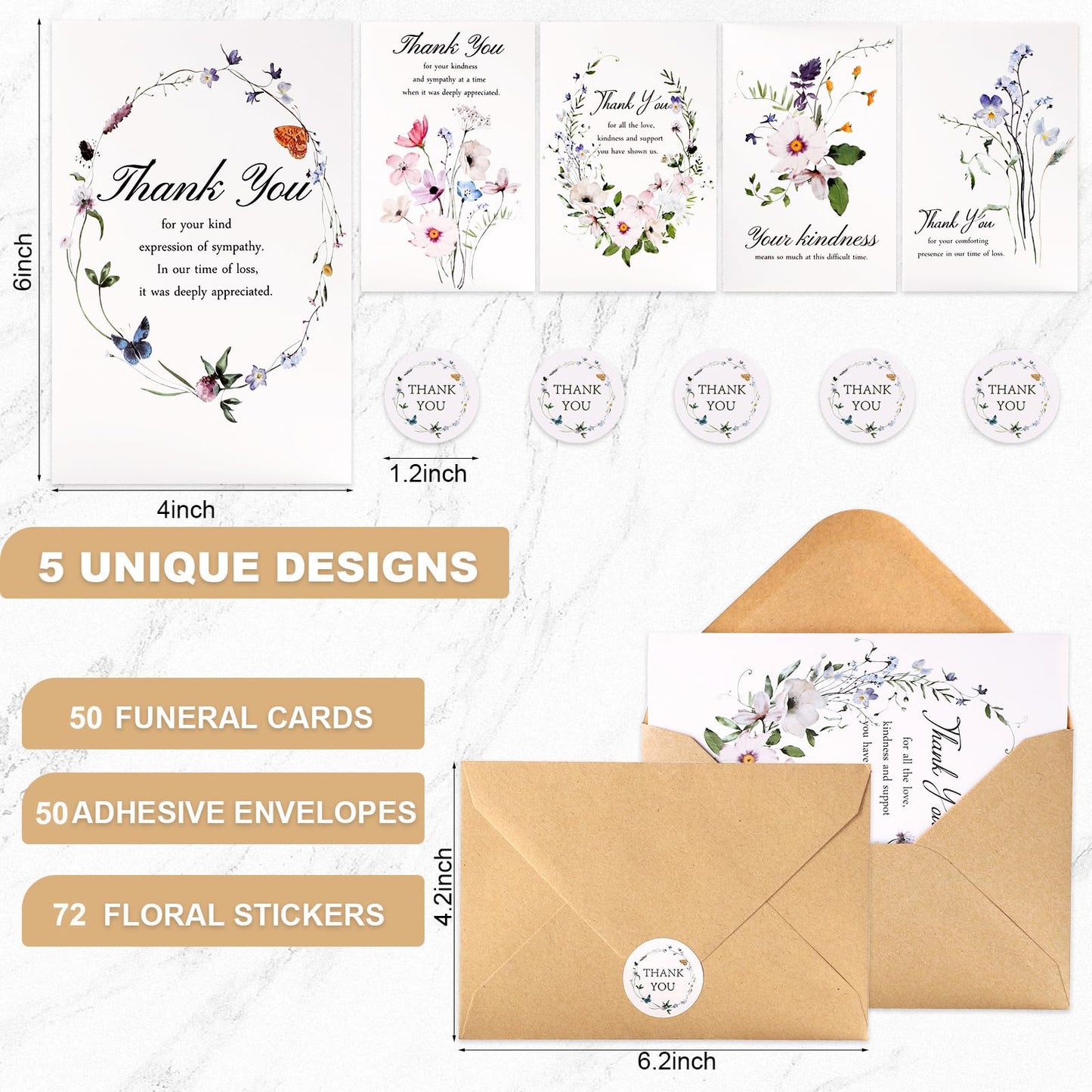 C2U Funeral Thank You Cards with Envelopes 4"x6",Stickers & Message Inside - Wildflower Bereavement Sympathy Thank You Cards for Funeral Family Friends Loved Ones (50 Wildflower Cards)