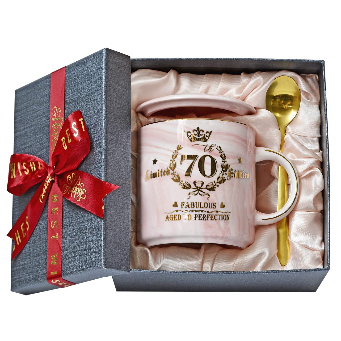 70th Birthday Gifts for Women - 14oz Pink Aged To Perfection Seventy Birthday Mug Printed with Gold - Happy Birthday Keepsake Presents for 70 Years Old Grandma Mom Sister, with Gift Box Lid Card Spoon