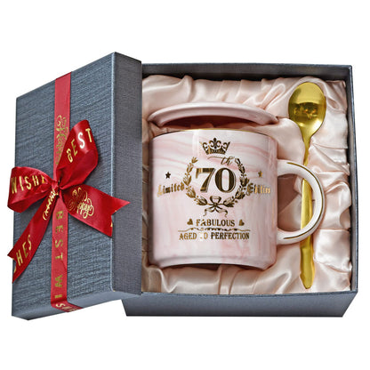 70th Birthday Gifts for Women - 14oz Pink Aged To Perfection Seventy Birthday Mug Printed with Gold - Happy Birthday Keepsake Presents for 70 Years Old Grandma Mom Sister, with Gift Box Lid Card Spoon