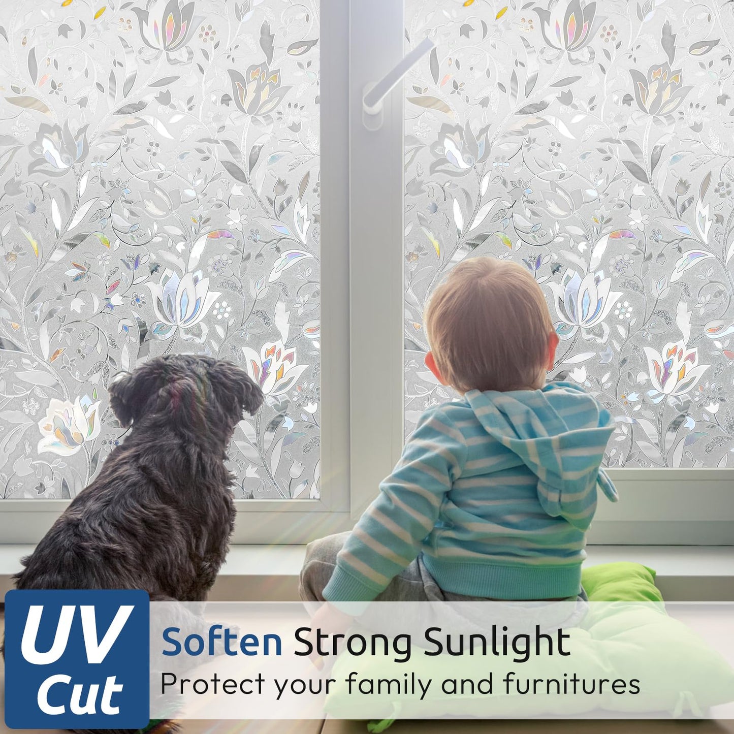 rabbitgoo Privacy Window Film, Decorative Stained Glass Film, Sun Blocking Window Cling, Removable Static Cling Vinyl Glass Sticker for Home, Bathroom Door, Tulip Flower, Clear, 60x200cm