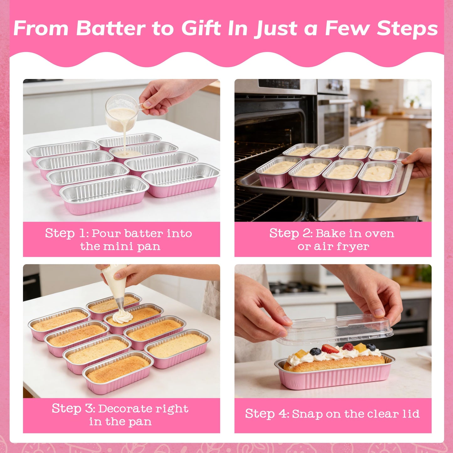 NPLUX 50 Pack Mini Cake Pans with Lids and Spoons Rectangular Aluminum Foil Baking Pans Mini Cheesecake Containers Mothers Day Gifts Party Favors(6.8oz)
