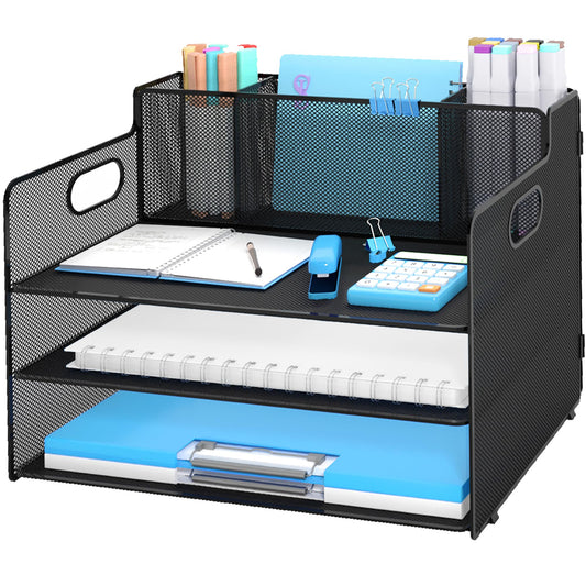 Desk Organizer with pen holders, 3-Tier Letter Paper Tray Organizer with 3 Pen Holder, Desk Organizers and Accessories, Mesh Desktop File Organizer and Storage for Office Supplies Black