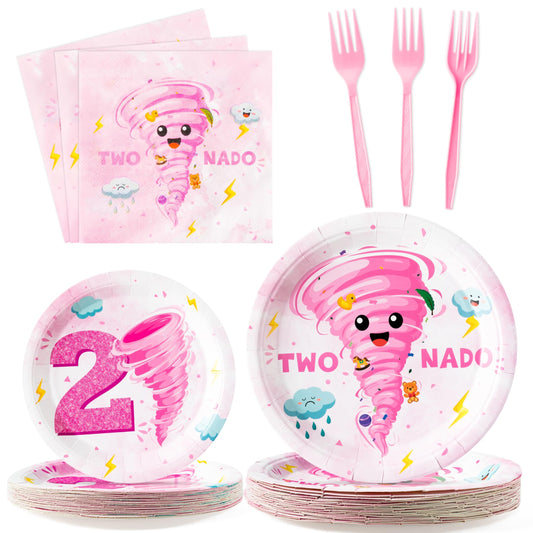 G1ngtar 96Pcs Two Nado Party Plates Supplies - Tornado Themed Disposable Paper Plates Napkin Fork for Girls 2 Year Old Birthday Party Baby Shower, Serves 24