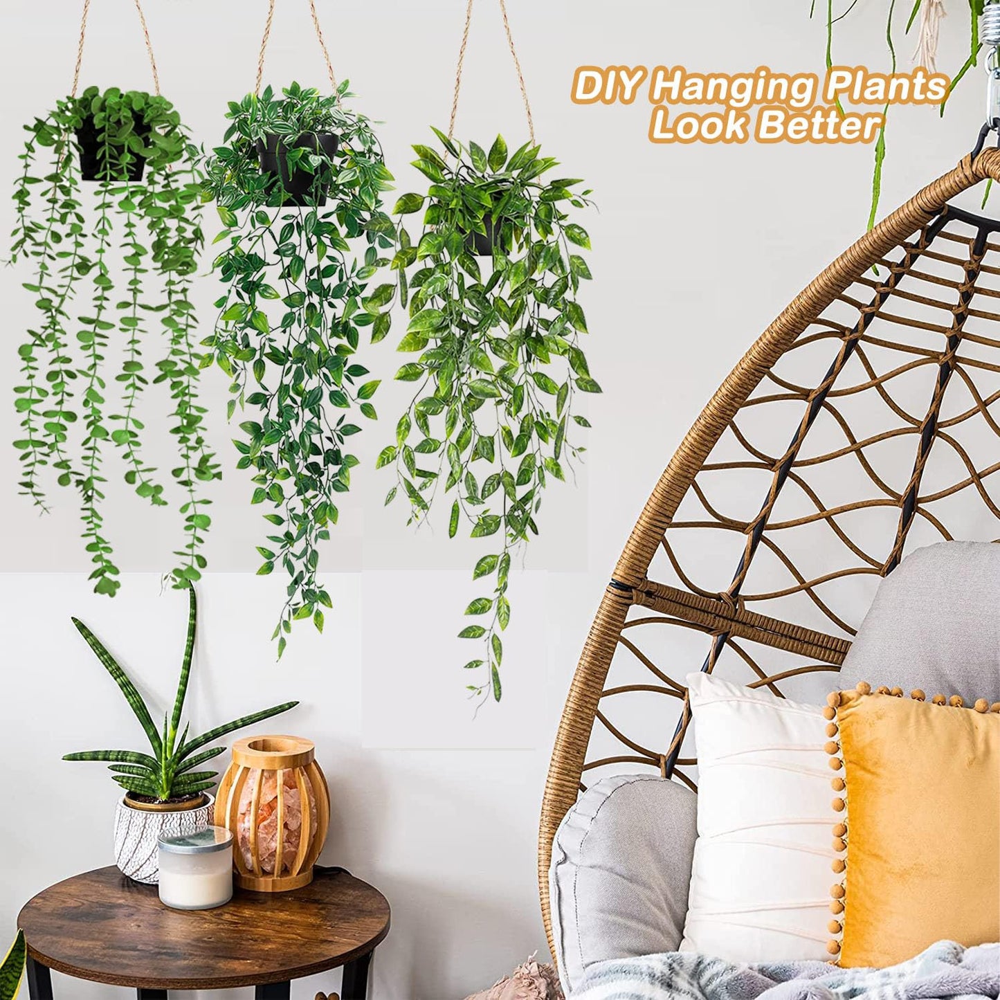 Artificial Hanging Plants 3Pcs Potted Greenery Decor - Grey Eucalyptus Mandala Snow Pea Vine in Pot Plants for Office Farmhouse Home Indoor Outdoor Decor