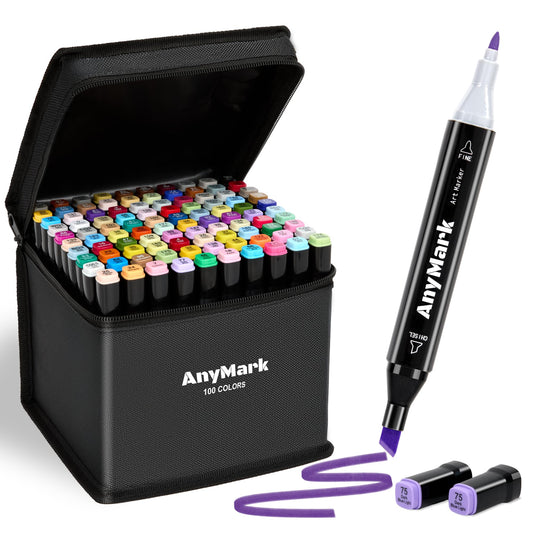 AnyMark Alcohol Markers, 100 Colors Alcohol Markers Set, Dual Tips Alcohol-Based Art Markers for Adult Drawing Coloring Sketch, Chisel & Fine Tips, Black Penholder