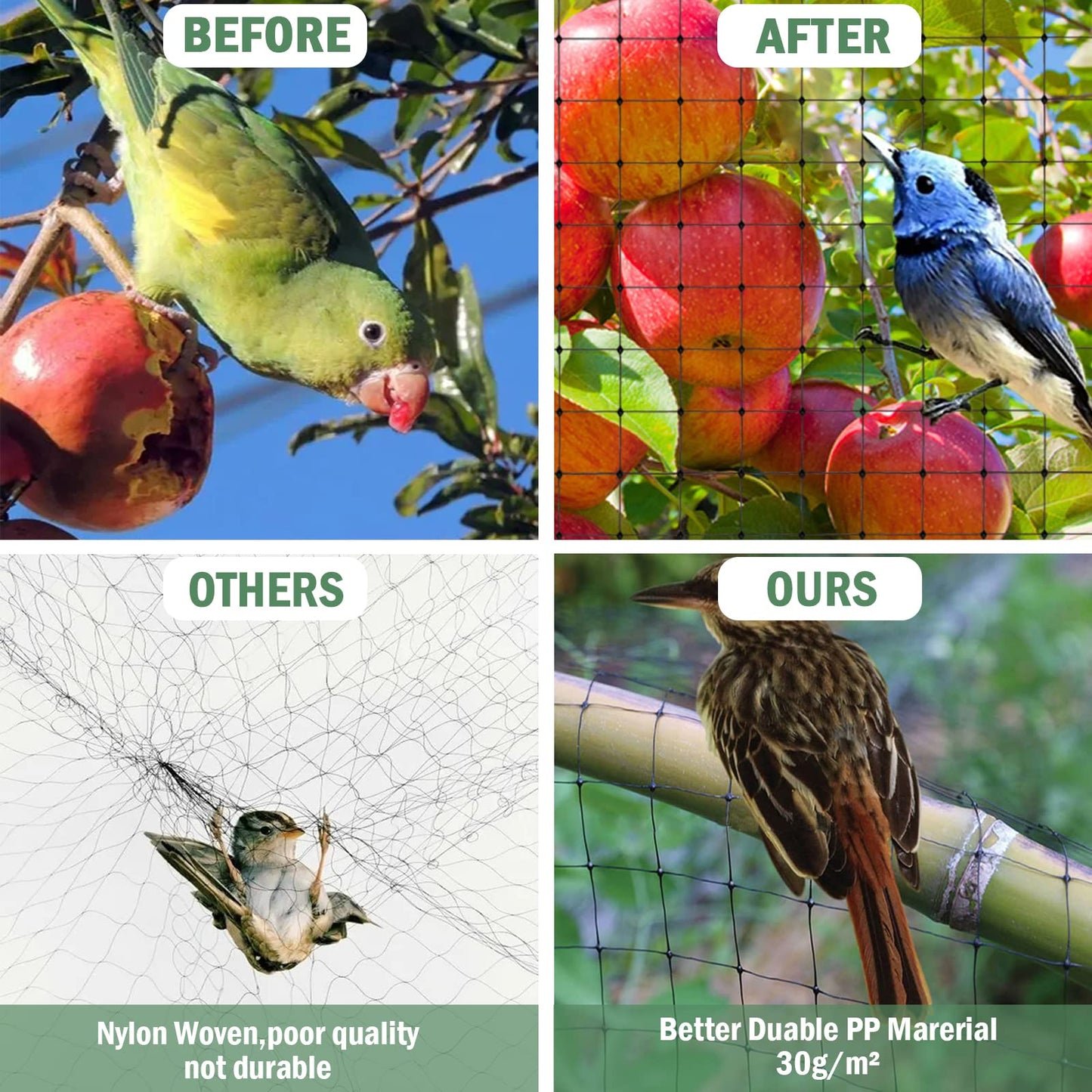 Garden Netting, 13.1 X 32.8ft Bird Netting, Reusable Garden Mesh Protect Plants Vegetables Fruits Flowers Ponds Against Bird Animals and Pests, with 50Pcs Cable Ties (4 * 10M)