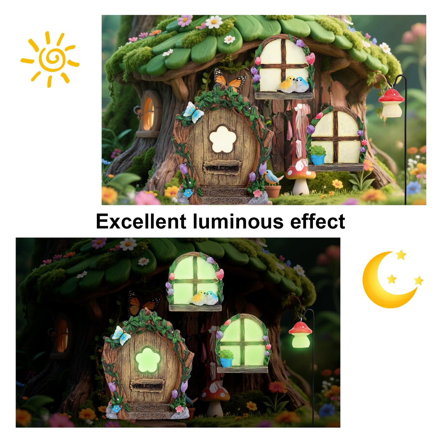 4pcs Fairy Door Windows & Lantern Set for Tree, Glow-in-The-Dark Miniature Fairy Garden Accessories for Outdoor Lawns Yard Landscape Gnome House Garden Decor