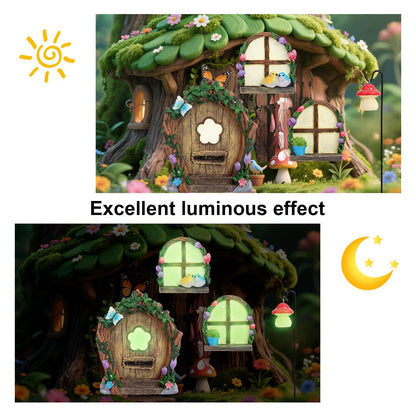 4pcs Fairy Door Windows & Lantern Set for Tree, Glow-in-The-Dark Miniature Fairy Garden Accessories for Outdoor Lawns Yard Landscape Gnome House Garden Decor