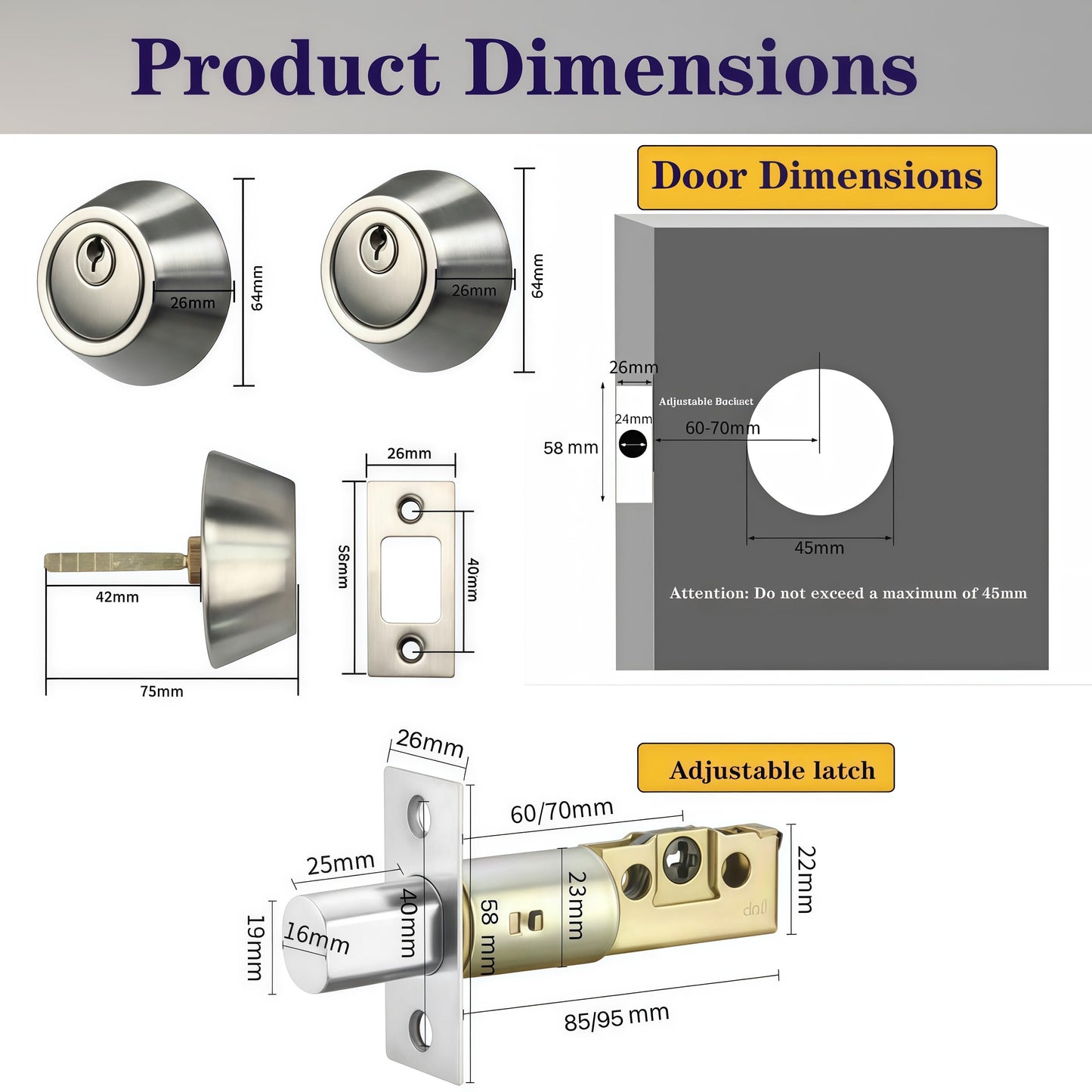 Eiqikayo Silver Steel Double-Head Cylinder Deadbolt Lock- High Security Anti-Kick Door Lock, Easy to Install, Fits Standard Doors, for Home, Apartment and Office Security