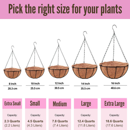 LaLaGreen Hanging Planters for Outdoor Plants (12 Inch, 2 Pack) Hanging Baskets with Coco Liner Flower Pots, Metal Wire Round Plant Holder Hanger Hook Chain Deck Porch Garden Balcony Farmhouse Decor