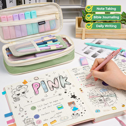 Nicpro 50-Piece School Supplies with Pencil Case, 5 Retractable Black Gel Pens, 12 Colours Highlighters, 6 Mechanical Pencils 0.5 & 0.7 & 0.9 & 2.0mm, Ideal School Supplies for Writing and Drawing