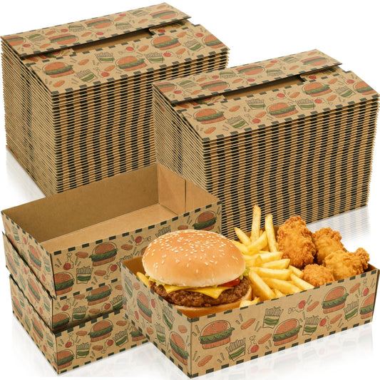 Cididu 50 Pack Cardboard Food Tray Disposable, Greaseproof Movie Night Snack Trays for Party, Foldable Kraft Food Serving Containers, Food Grade Fast Food Box for Hot and Cold Foods Stadiums Theaters