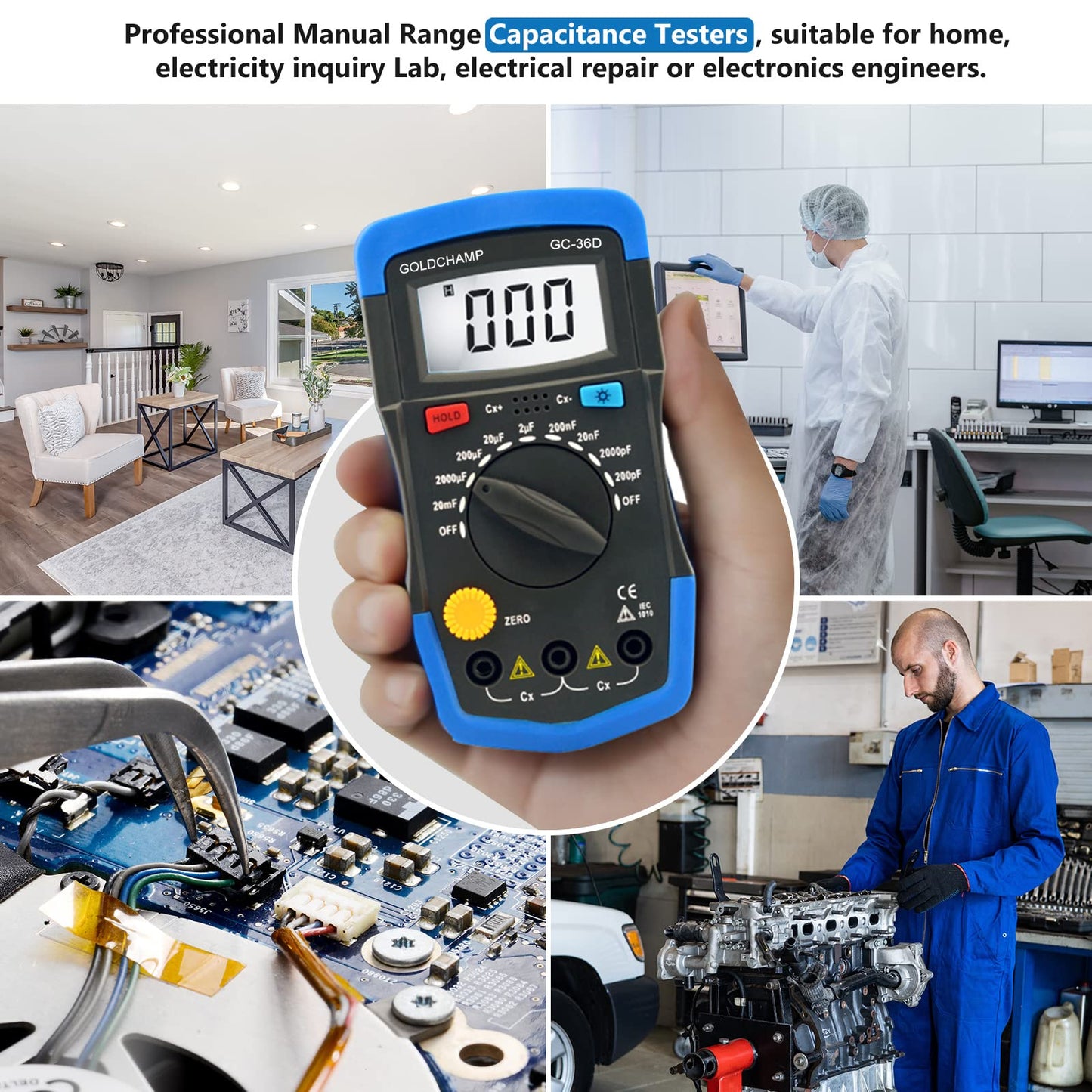 GOLDCHAMP Capacitance Meter Digital Multimeter 200pF-20mF Meter Capacitor Handheld Multimeter Tester with Multi Testers Manual Range Measure Tool, Back Light, Data Hold