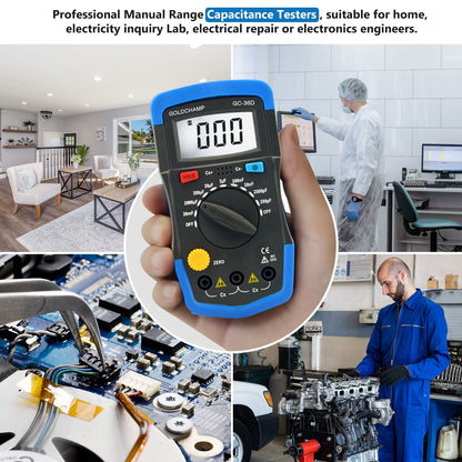 GOLDCHAMP Capacitance Meter Digital Multimeter 200pF-20mF Meter Capacitor Handheld Multimeter Tester with Multi Testers Manual Range Measure Tool, Back Light, Data Hold