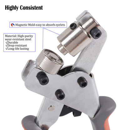 KING PIECES LACUISINE Grommet Tool Kit Handheld Hole Punch Pliers Portable Grommet Hand Press Machine Manual Puncher w/ 500pcs Silver Grommets of 3/8 Inch (10mm)