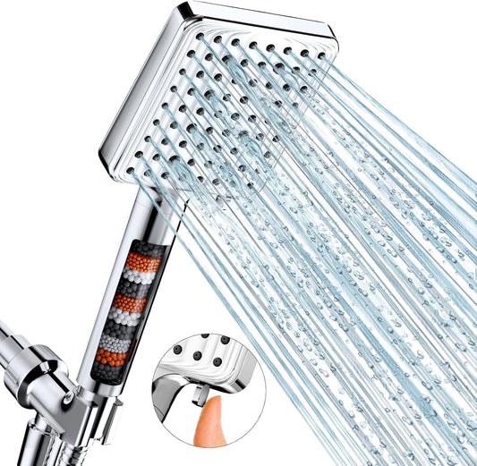 Filtered Shower Head - 6 Modes High Pressure Handheld Shower Head with Filter Mineral Beads, Detachable Handheld Showerhead Set with 59 inch Stainless Steel Hose Chrome
